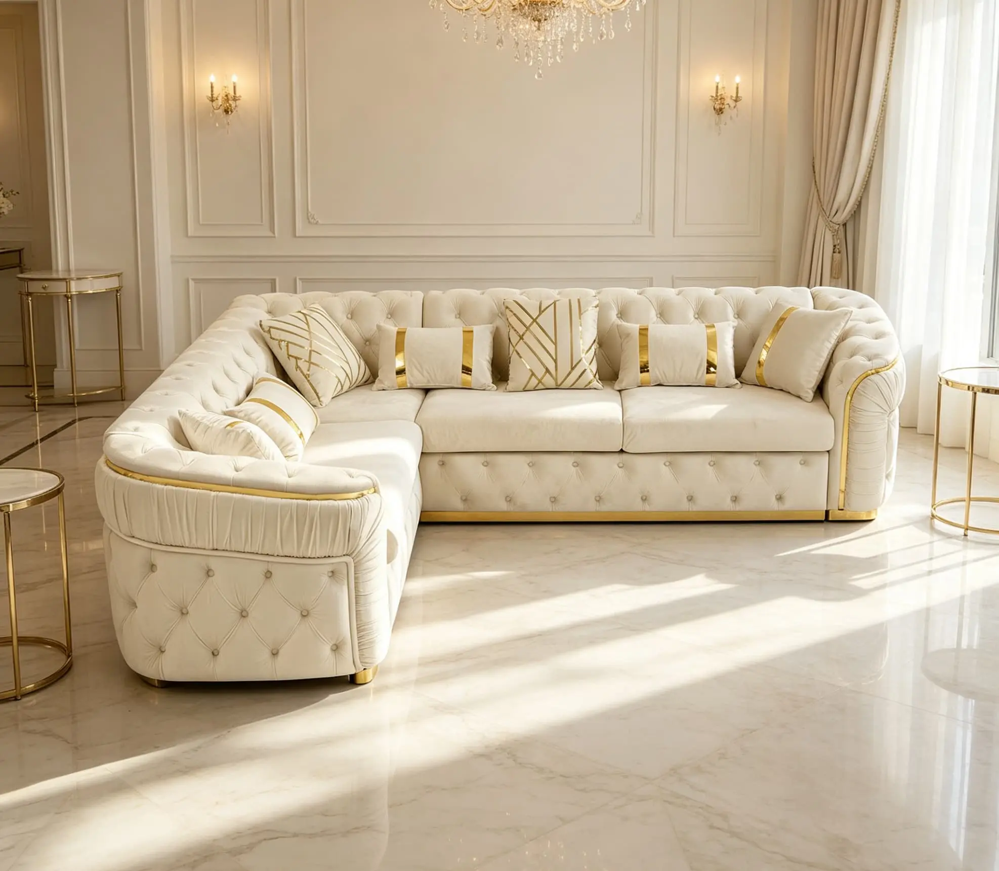 110.5" Luxury Italian Velvet L-Shape Chesterfield Sectional Sofa, Gold Stainless Steel Decor, Oversize Curved Arm Button Tufted Couch, Living Room Furniture with 7 Pillows