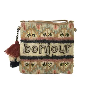 Alex Max Bonjour Beaded Large Pouch Wristlet Crossbody Clutch, Natural/Multi