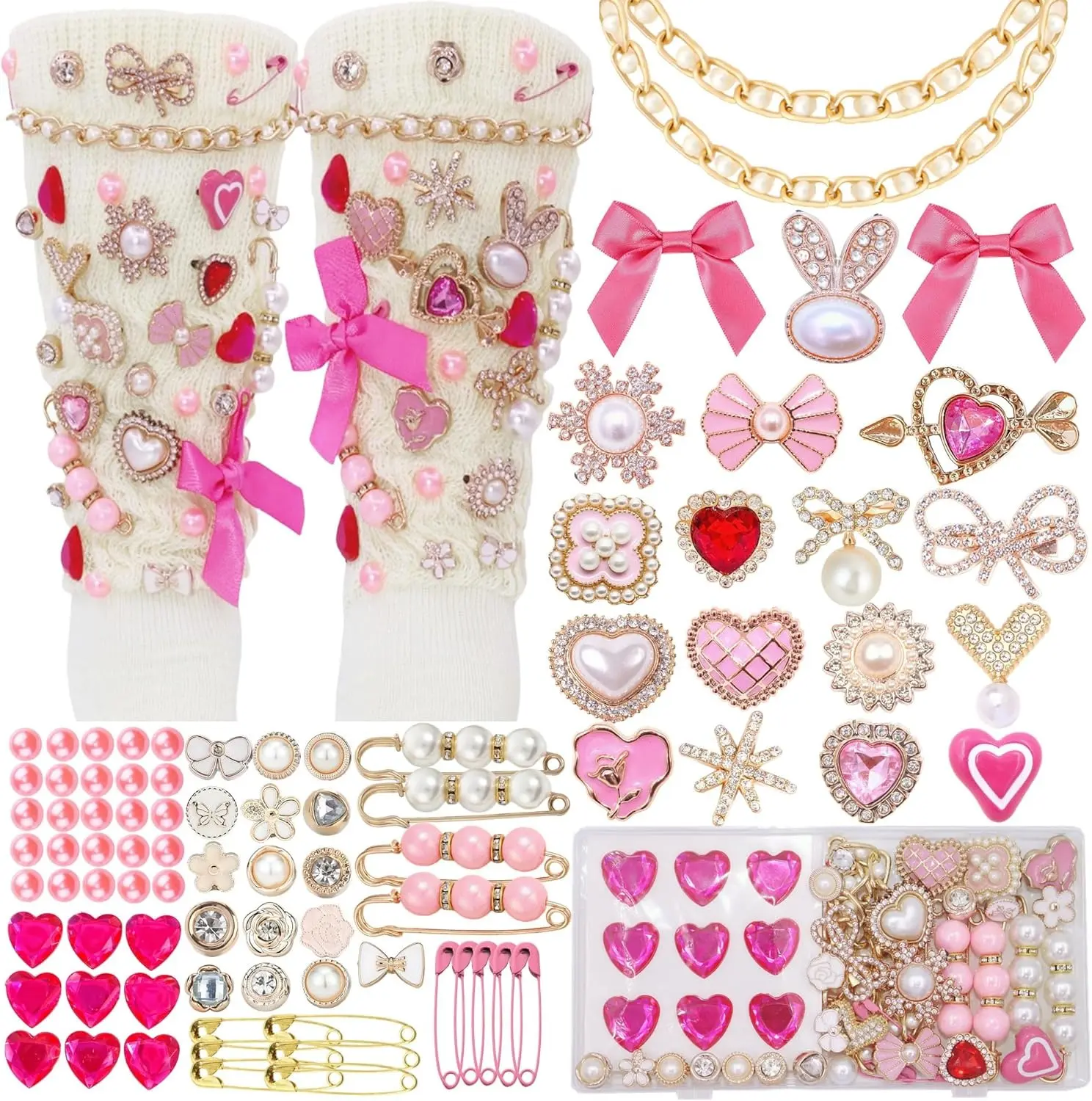 97Pcs Cute DIY Socks & Shoe Charms Kit - Rhinestone Pearls Chains, Bows, Brooches & Pins Decor for Sneakers, Hats, Clothes