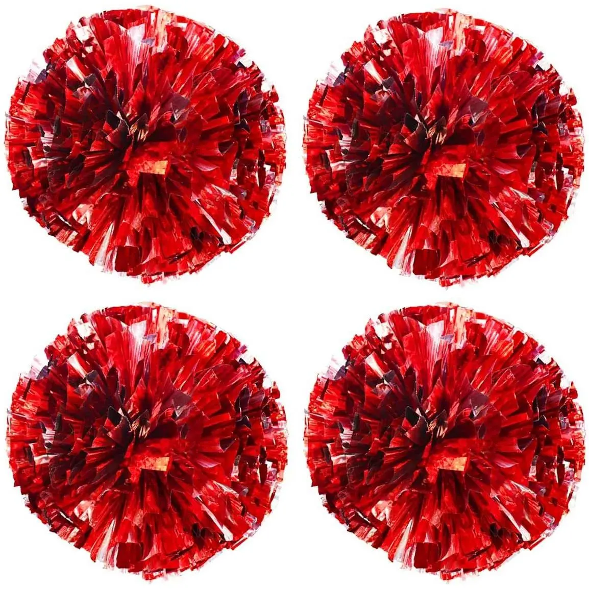 4 Pack (2 Pair) Metallic Foil Cheerleader Pom Poms & Plastic Ring Cheer Poms with Baton Handle Cheerleading Pompoms for Sports Party Dance Team Accessories Cheering Squad Spirit (Red & Silver)