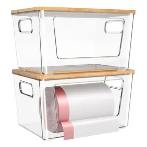 2 Pack Storage Stackable Kitchen Laundry Organizers with Bamboo Top,Large Trash Bag Holder and Standard Garbage Bag Dispenser, Stackable Trashbag Dispenser, Extra Large Garbage Bag Holder for Kitchen Laundry Room Under Sink Organization and Storage