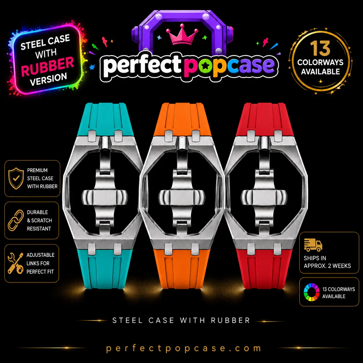 316L Stainless Steel & Rubber Adjustable Durable 1-Size Perfect Fit Case/Band for AP X Swatch Royal Pop Swiss Luxury Watch, Fashion Wearable Accessories with Lifetime Warranty, One Size