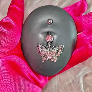 Pink Butterfly Belly Button Ring for Navel Piercings 14G Dangling Silver Body Jewelry