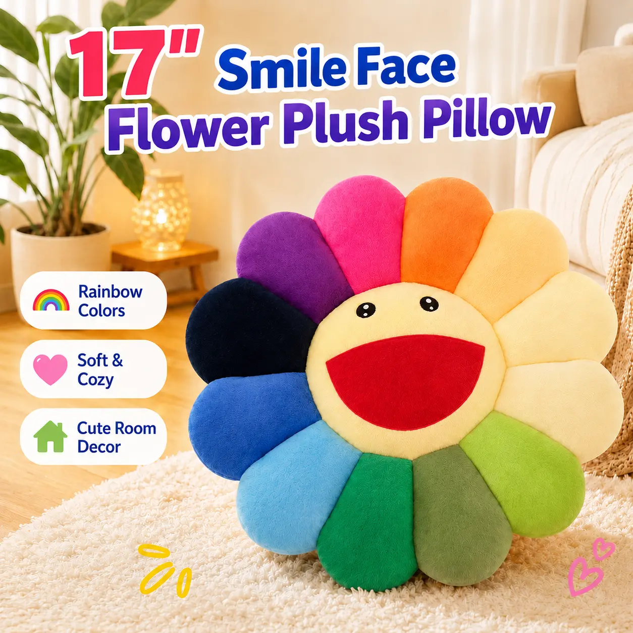 MIUVA 17" Soft Rainbow Cheer Smile Face Sunflower Plush Pillow, Supporting Shape Stuffed Doll Sleep Cushion, Kids' Rooms Festive Home Decor | Mid Year Sale, Restock, Summer Wins