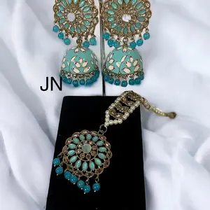 Polki minakari jhumki earrings with tikka