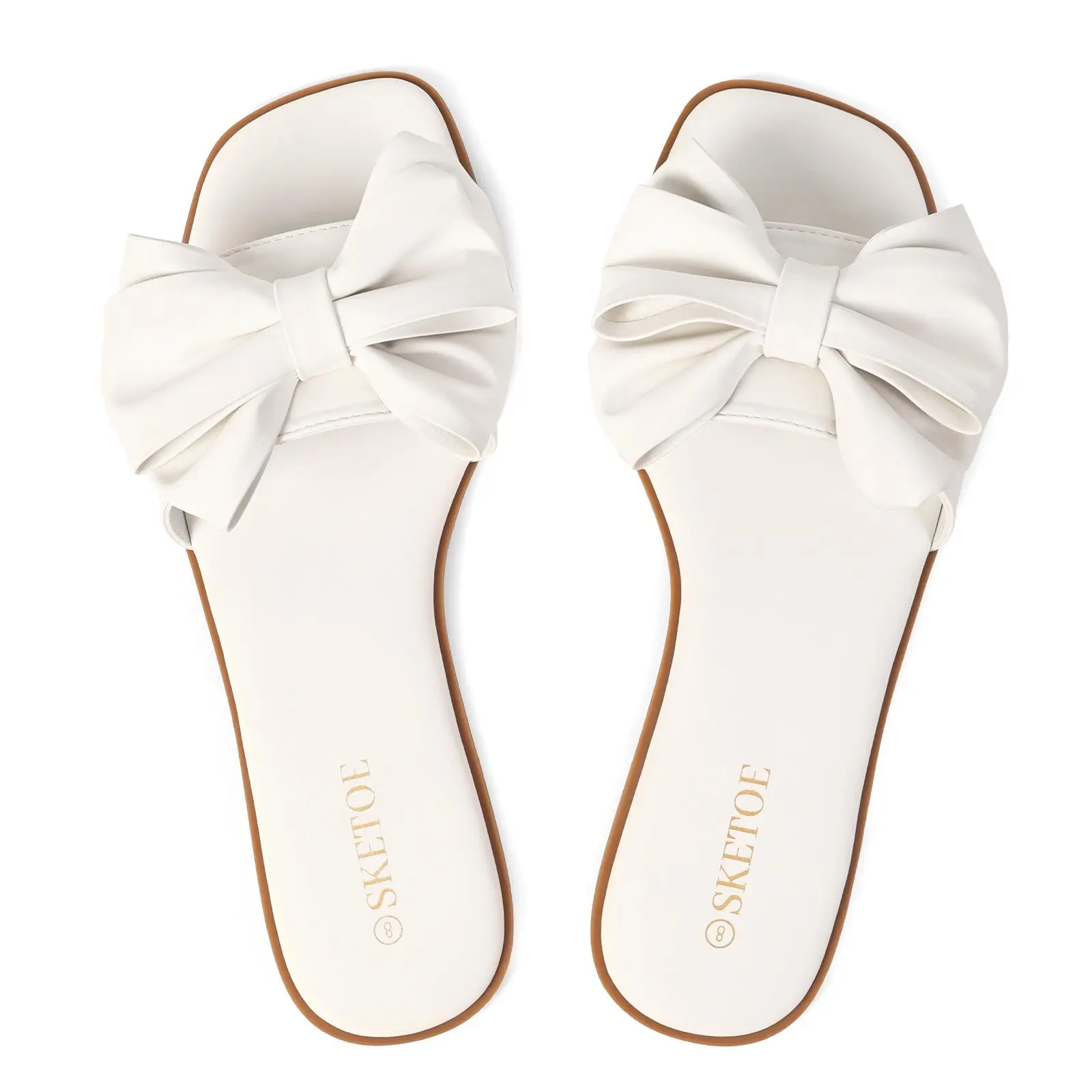 Women's Bowknot Slip-On Flat Sandals - Cute Shoes, Footwear with Bow Detailing Adds Romance, Square Toe, Lightweight Soft Sole, Comfy Barefoot Women Sandals for Beach, Wedding Party, 2026 Statement Shoes, Beach‑To‑Wedding