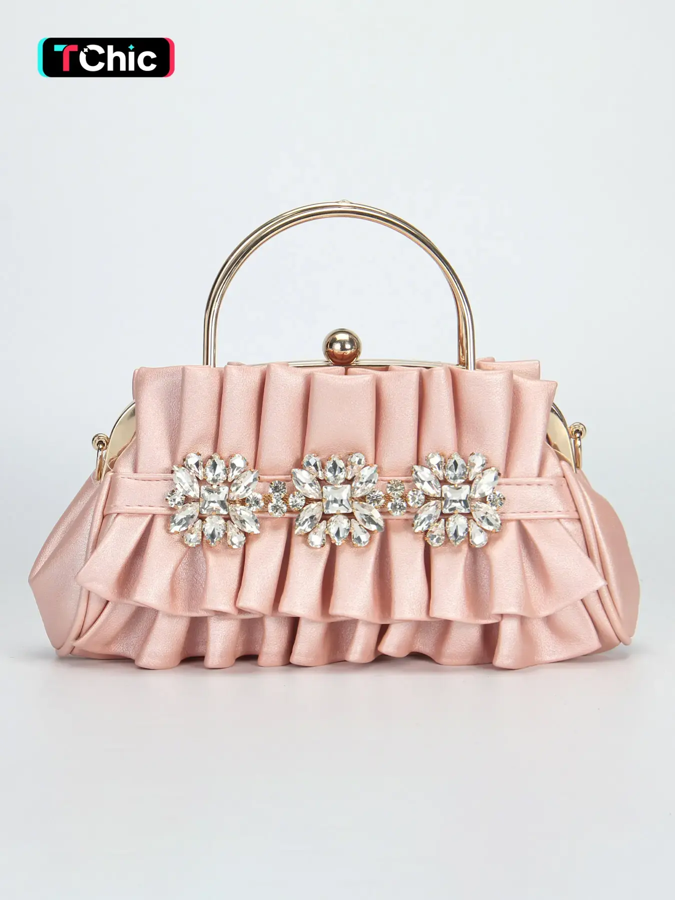 Vintage Pink Pleated PU Women's Evening Clutch Bag, Floral Rhinestone Handbag, Elegant Evening Bag, Evening Handbags, Shoulder Chain for Crossbody Wear, Floral Lock Clasp. Suitable for weddings, parties, festive gifts