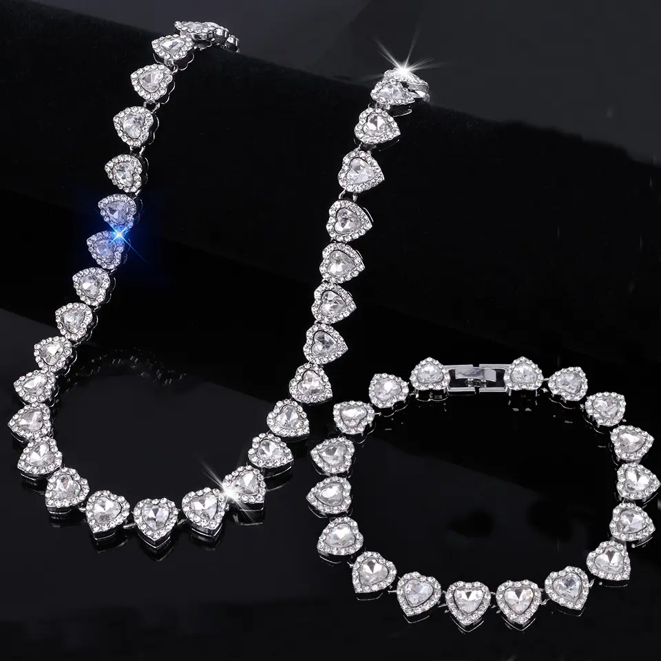 Women's 2-Piece Elegant Iced Out Cuban Chain Jewelry Set - Bridal Sets, Necklace & Bracelet, Heart Design Accessories for Weddings, Valentine's Day Gifting, Icedout Jewelry Set