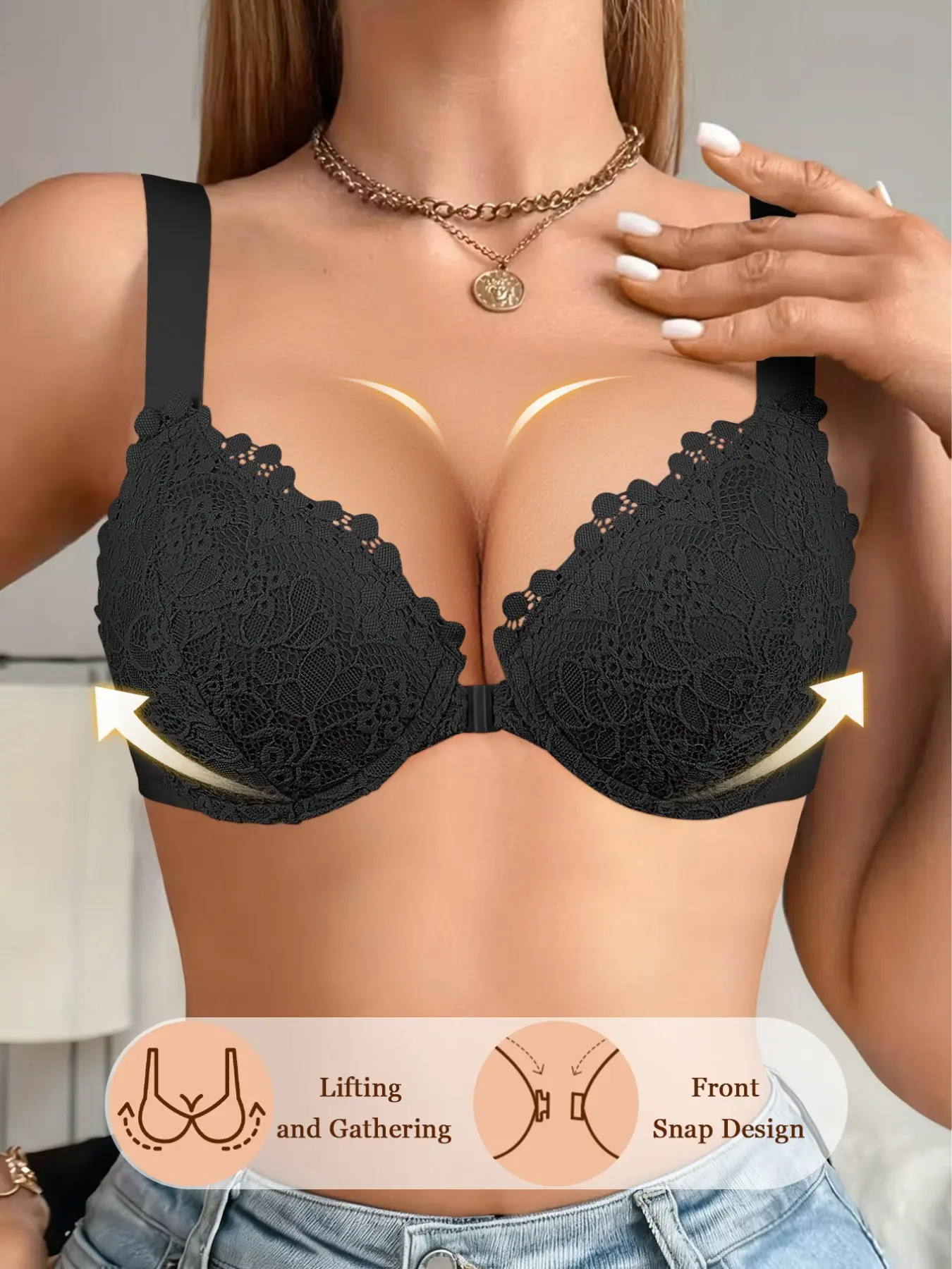 Women's Front Closure Lace Push-Up Natural Lift Bra Underwear,Lift Anti‑sagging Cover Side Breasts Adjustable Bra Underwire spport Wide Straps, Comfortable Breathable, Fit, Elegant everyday wear Dates Cleavage Bra