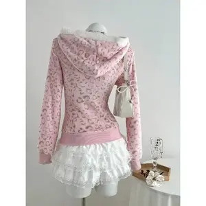 1pc soft wool Leopard printed zipper hooded jacket with cute color block design, suitable for autumn, winter, back to school, casual and family wear, suitable for women