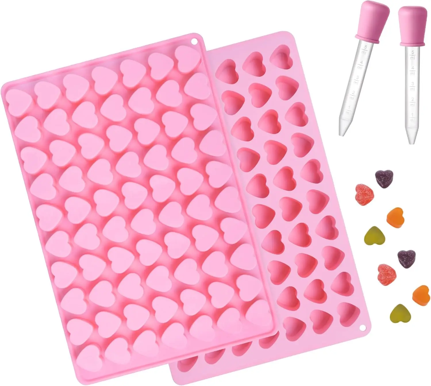 Heart Silicone Gummy Molds 2 Pack with 2 Droppers, Mini Heart Chocolate Mold, Non-Stick Food Grade Ice Cube Tray for Hard Candy, Homemade treats, Soap, Jelly (Pink)