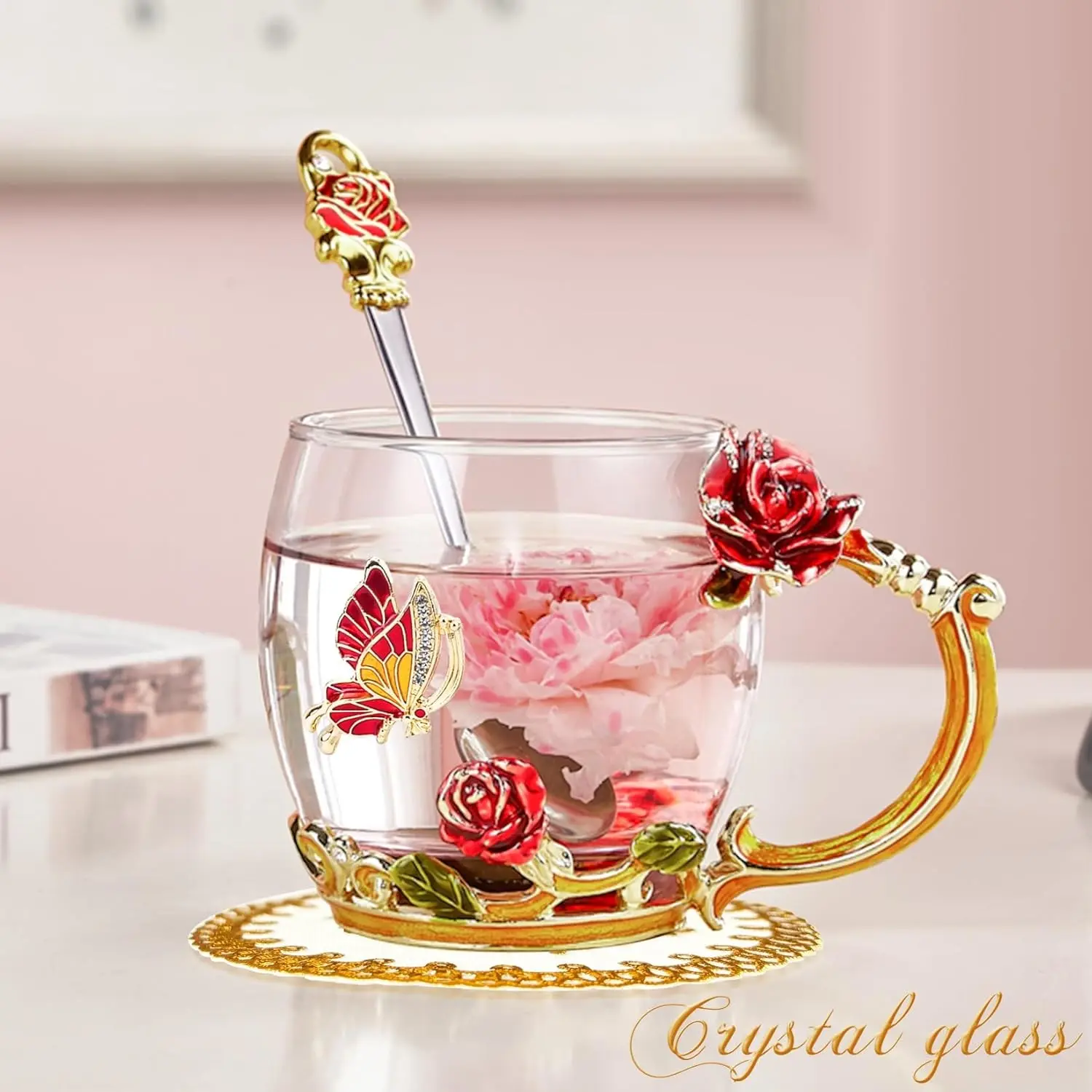 Creative Elegant High Quality Glass Coffee Enamel Cup Mug Set, Drinkware, 11.3oz Capacity, Includes Handle and Spoon, Perfect Floral Gift Mug for Mom, Women, Mother's Day, Birthday