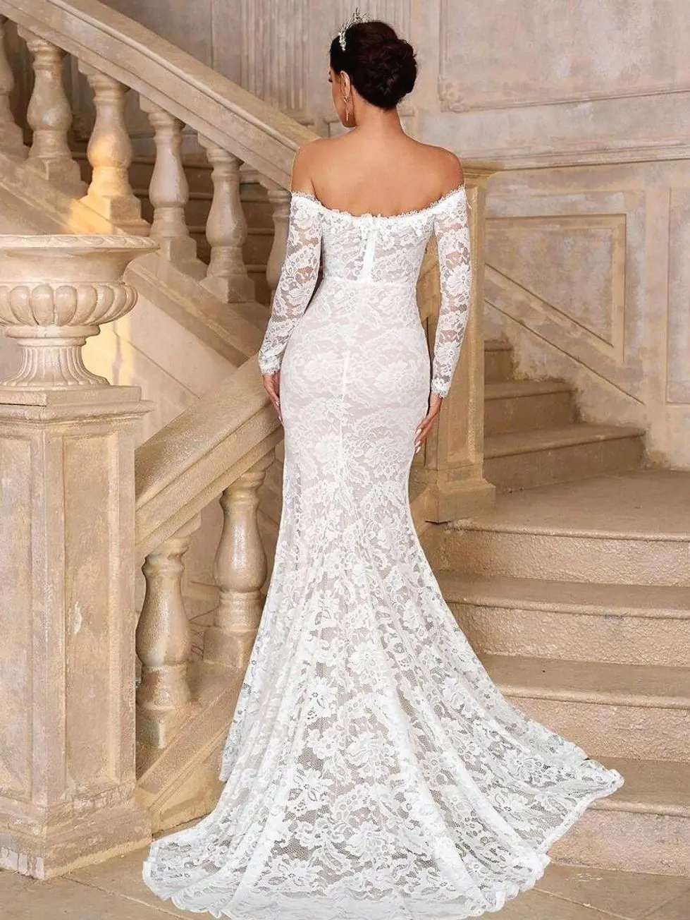 SHEIN Belle Elegant White Summer Wedding Dress,Off-Shoulder See-Through Long Sleeves Lace Mermaid Bridal Gown With Extra Long Tail,French Applique High Slit Dress