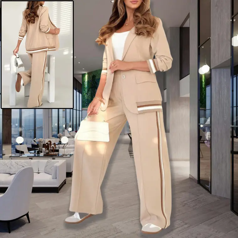 Women's 2-Piece Hybrid Suit, Professional Ready to Wear Polyester Set with Long Sleeve Blazer and Wide-Leg Trousers with Pocket for Office & Business Attire, Office Ootd, Work Fashion, 2Pcs Set Suit, Chic Women's Suits