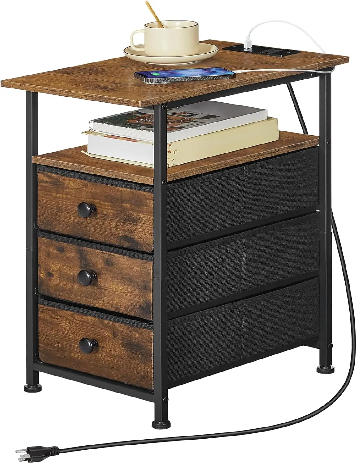HOOBRO End Table, Narrow Side Table with Charging Station, Nightstand with 3 Non-Woven Fabric Drawers, Bedside Table for Small Spaces, for Living Room, Bedroom, Rustic Brown and Black #SummerVibes