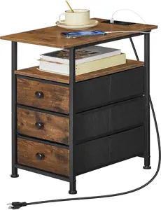 HOOBRO End Table, Narrow Side Table with Charging Station, Nightstand with 3 Non-Woven Fabric Drawers, Bedside Table for Small Spaces, for Living Room, Bedroom, Rustic Brown and Black #SummerVibes
