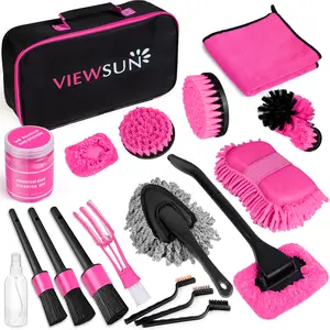 Viewsun 20PCS Car Cleaning Kit, Pink Car Interior Detailing Kit with Drill Brush Set, Windshield Cleaning Tool, Detailing Brushes, Wire Brushes, Cleaning Gel, Complete Car Cleaning Supplies for Women