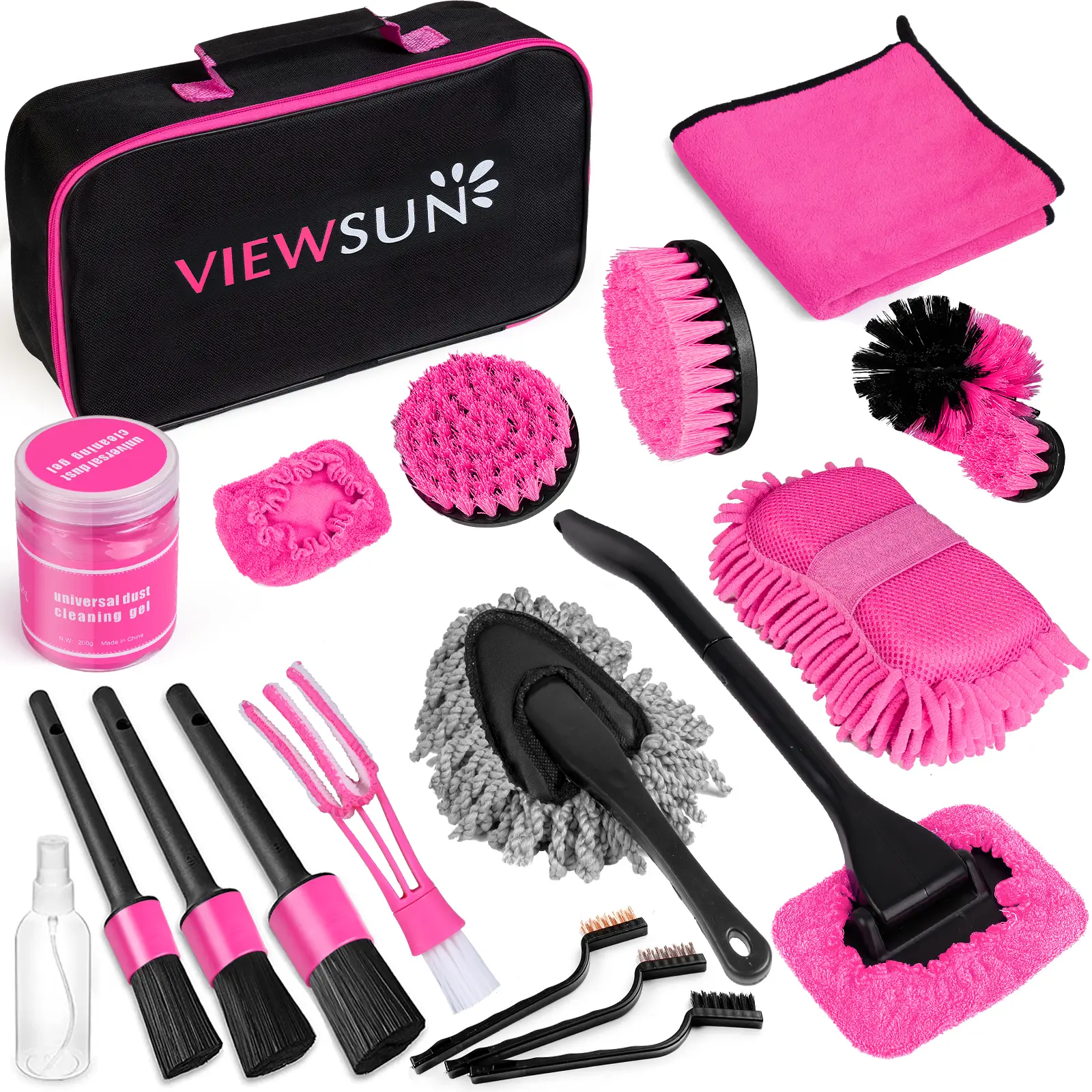 Viewsun 20PCS Car Cleaning Kit, Pink Car Interior Detailing Kit with Drill Brush Set, Windshield Cleaning Tool, Detailing Brushes, Wire Brushes, Clean