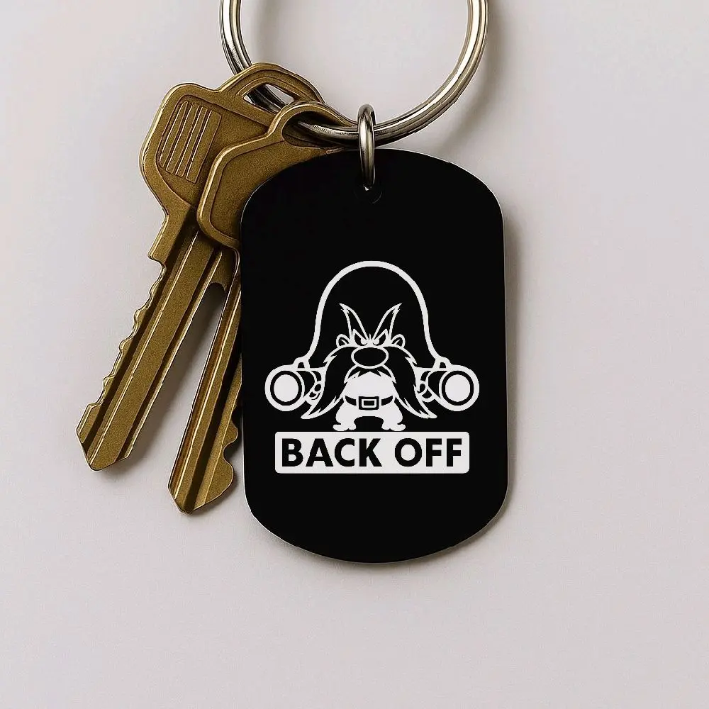 Funny “Back Off” Keychain – Black Anodized Metal – Cartoon Tough Guy Design – Gag Gift for Him – 2” Metal Keychain