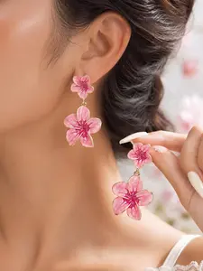 1 Pair Pink Enamel Plumeria Dangle Earrings for Women, Gold Tone Floral Drops, Dangling Earrings, Cute Jewelry