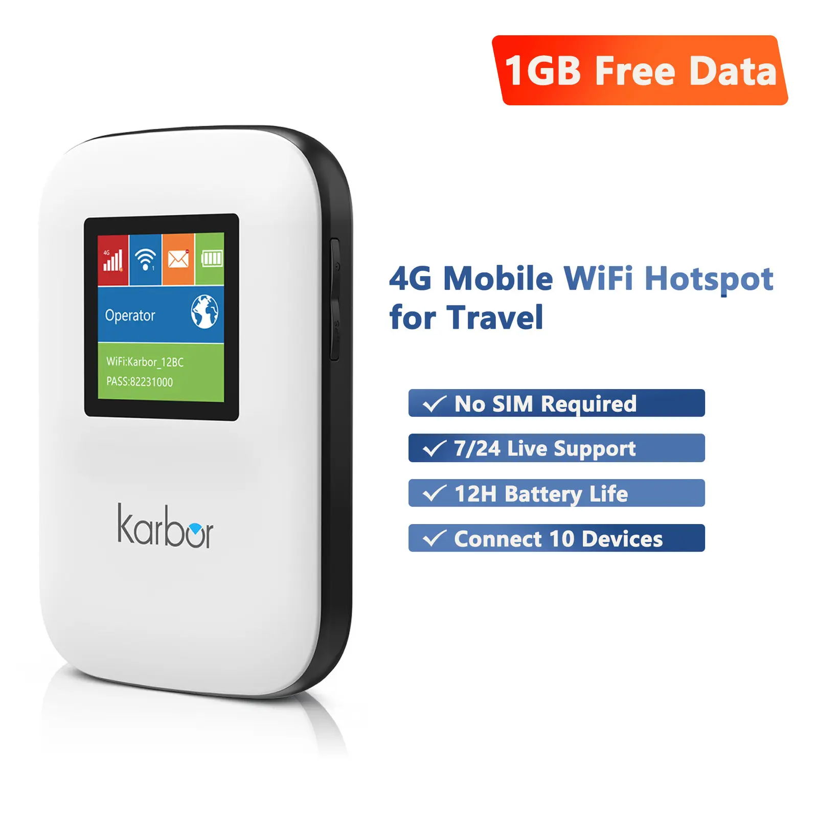 Karbor 4G LTE WiFi Mobile Hotspot, 1GB Free Global  Data, No SIM Card Required, Supports 10 Devices, Portable for Campers Motorhomes Travel, SummerVibes