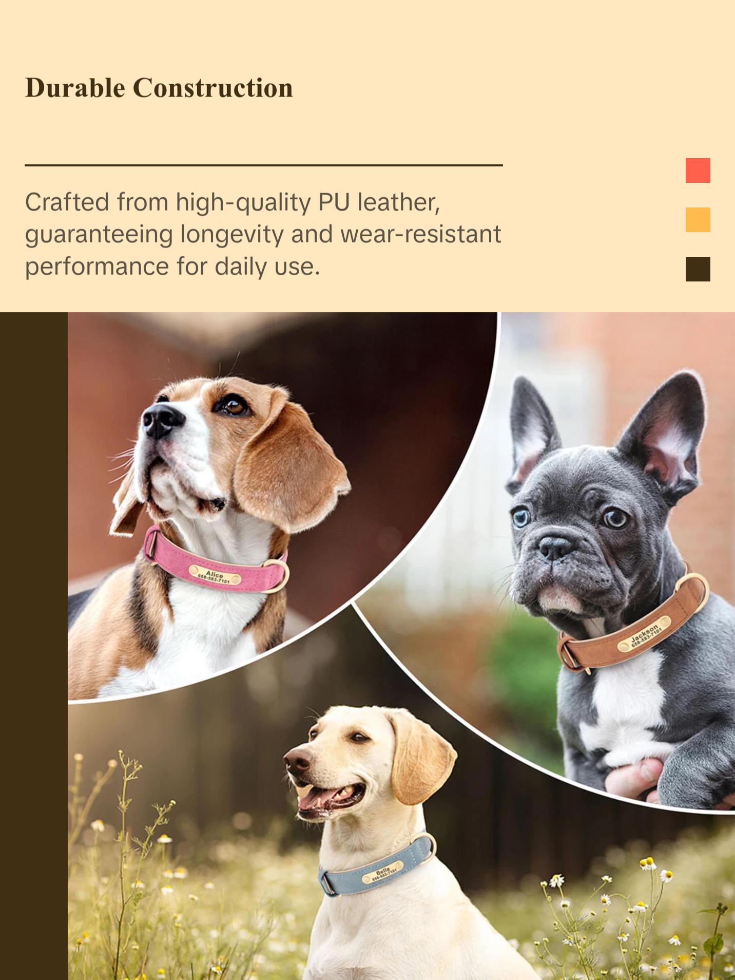 New Soft Padded Personalized PU Leather Dog Collar with Free Engraved ID Tag for Small, Medium and Large Dogs - Ideal for Pugs a