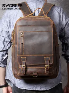 Vintage Genuine Leather Men's Backpack Laptop Bag Casual Crazy-horse Leather School Bag Outdoor Bags