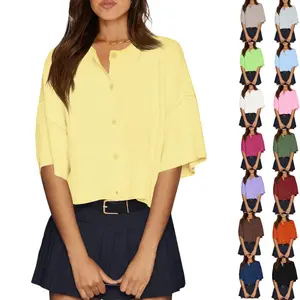 FMEYOA Womens Half Sleeve Cardigan Sweaters Cropped Button Down Tops Oversized Lightweight Ribbed Knit Summer Outfits