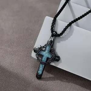 1Pcs Cross Necklace for Men, Turquoise Cross Pendant with Thorn Wreath Design, Religious Jewelry Birthday Christmas Gifts for Men Women