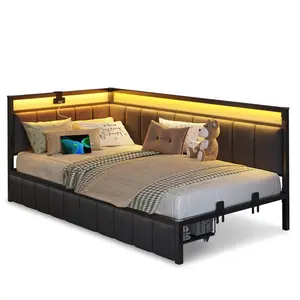 Sikaic LED Daybed with Line Fabric Upholstered Fence and Charging Station Gray Modern Corner Bed Frame with Storage Drawers Kids Bed Unit with LED Light