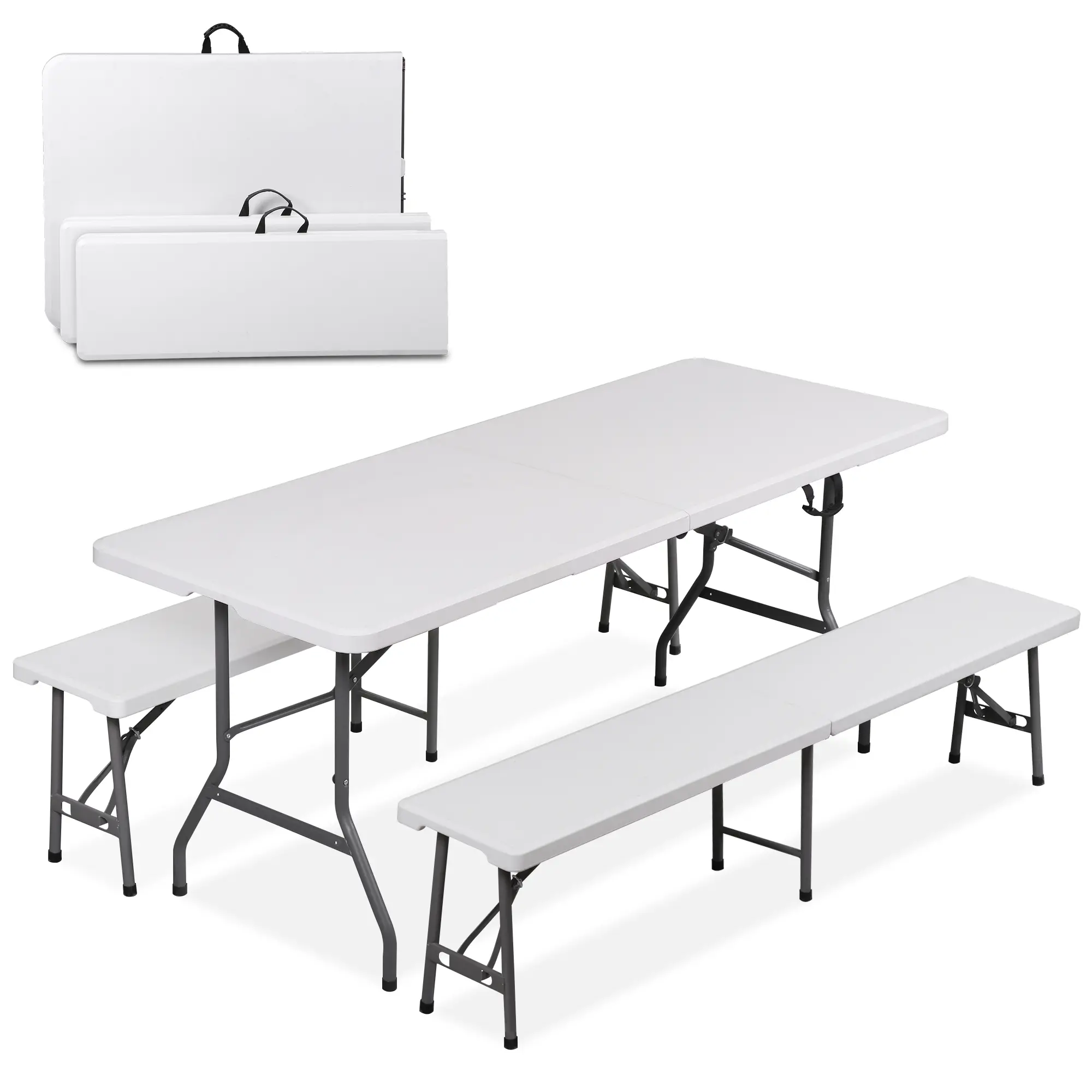 Segawe 3-Piece Foldable Patio Set - 6ft HDPE&Steel Fully Assembled Outdoor Furniture Set, Heavy-Duty Structure Picnic Table with 2 Benches, Portable, Handles, Indoor-Outdoor Use, White, Folding Picnic with Built-In Seats Tables, Patio Sets, Garden