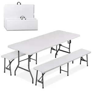 Segawe 3Pcs Folding Table Set with 2 Benches - 6ft HDPE&Steel Fully Assembled Outdoor Furniture Sets with Handles, White, for Indoor-Outdoor Use