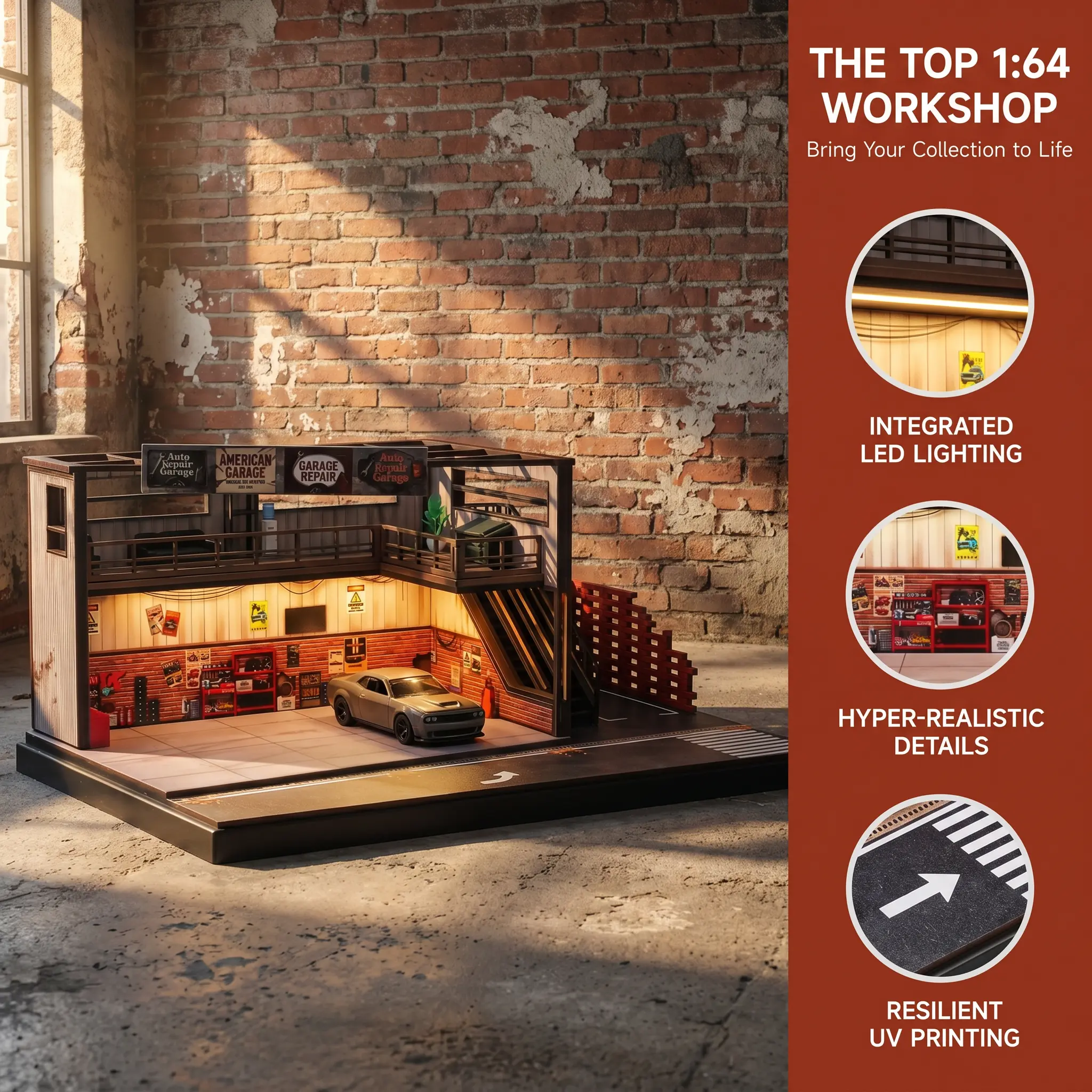 1:64 Scale Unisex American Garage Auto Culture Diorama Display Case - 2-Story PVC Foam Auto Repair Scene, LED-Powered, UV-Printing Hyper-Realistic Details, Diecast Model Car Collector Showcase (Diorama Only, Fits 1/64 Cars)