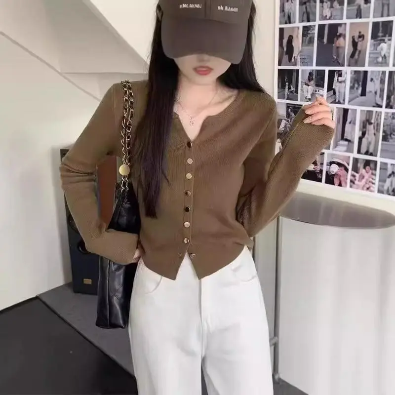 Women's Korean Style Fresh Knitting Cardigan - Round Neck, Single-Breasted, Scissor Collar, Petite, Simple Sports Top, Basic, Casual, Knitwear, Minimalist,Monaco
