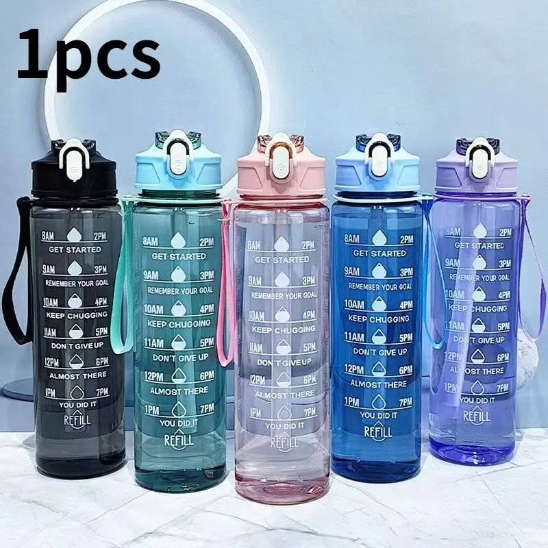 Large-Capacity Leak-Proof Motivational Water Bottle, 1 Count Portable Leakproof Straw Cup with Time Scale, Summer Cool Bottle for Home, Office, School and Outdoor Sports, Drinkware, Plastic Water Bottles