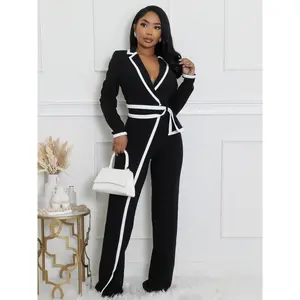 Elegant Women's Long Sleeve Jumpsuit, Belted Waist Design, Colorblock Patchwork, Fall & Winter Fashion, Office Wear jumpsuit jumpsuits for women overalls