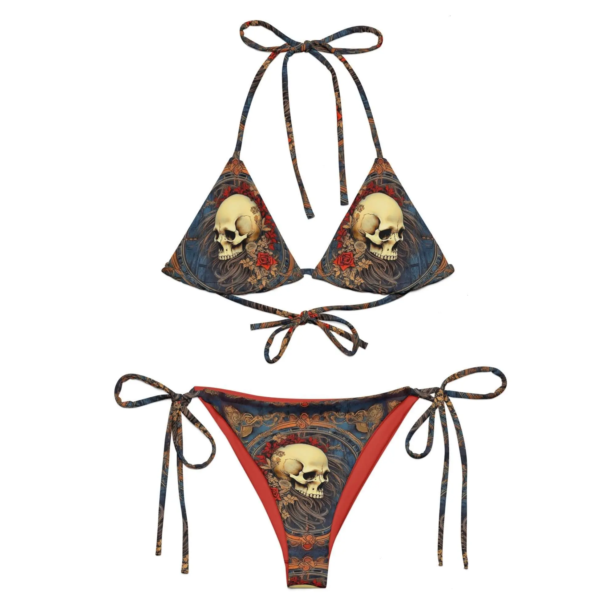 Skull String Bikini Set – All-Over Print Rococo Art Swimwear with Gothic Design