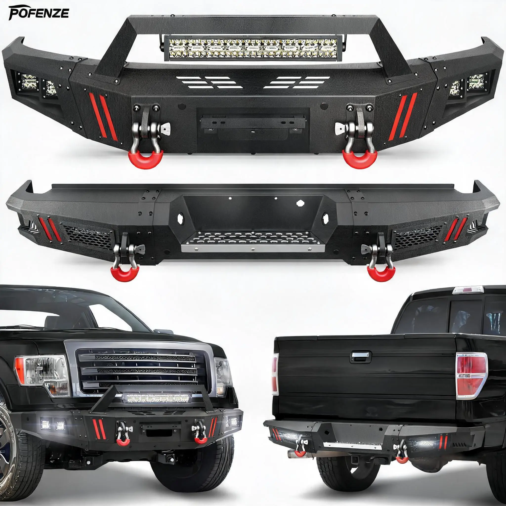 POFENZE Front & Rear Bumper Set for 2009-2014 Ford F-150 (Excluding Raptor), with Winch Plate, Sensor Holes, LED Lights, License Plate Frame, Paintable Armor & D-Ring Mounts