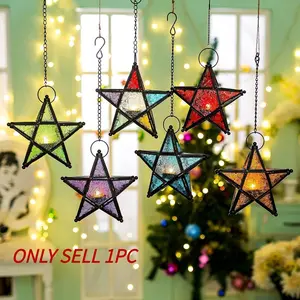 European Style Five-Pointed Star Windproof Candle Holder Iron Art Colored Glass Wind Lamp Vintage Moroccan Candle Holder Holiday Decorations Artistic Indoor Decoration Interior Decoration Accessories