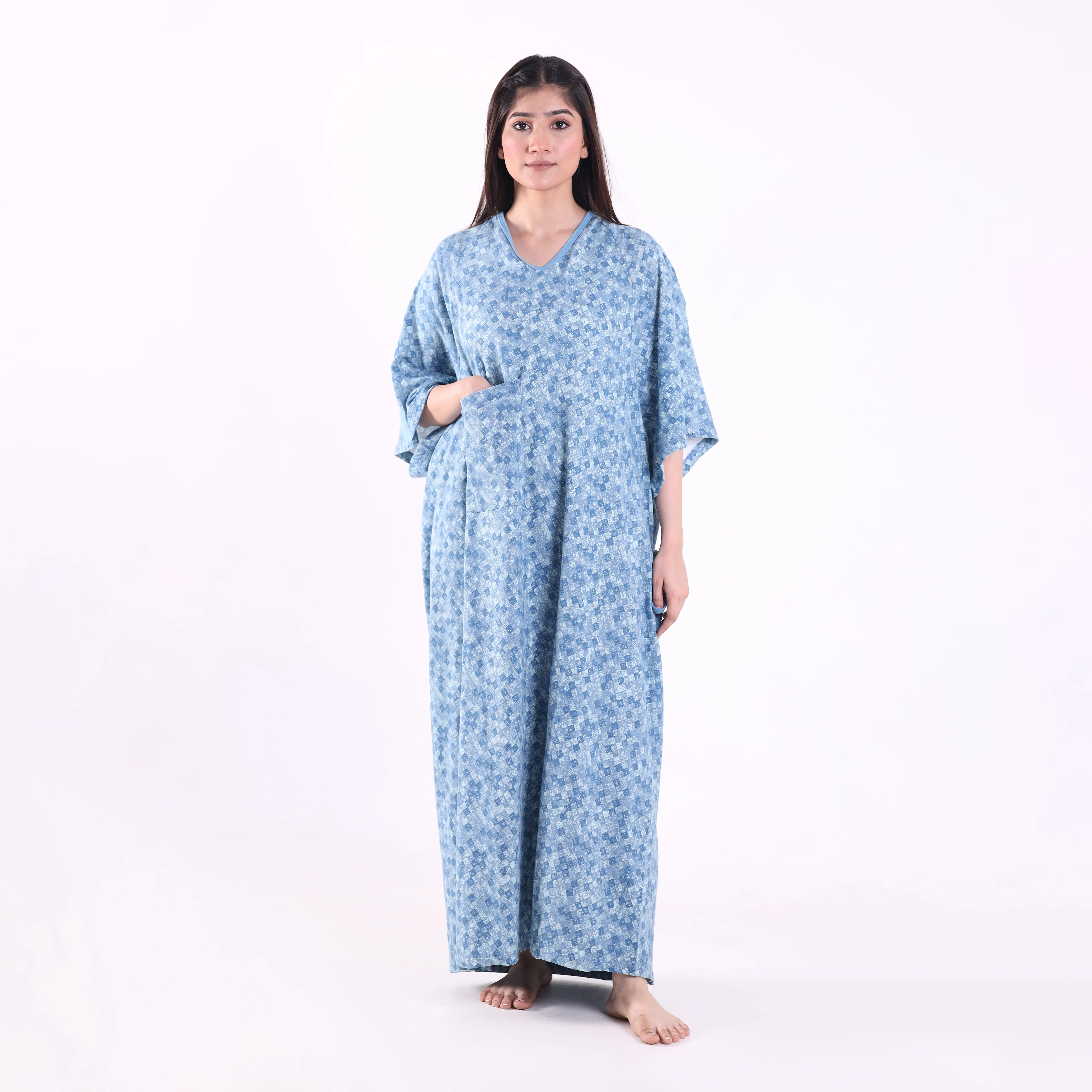 Women's Soft Breathable Knitting Graphic Lace-Up Belted Medical Loungewear Gown - Reusable, Washable, 1 Size Fits All, with Pockets, Everyday Clothes, V-Neck, One Size Fits All