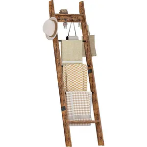 5-Tier Blanket Ladder, Wooden Blanket Display Rack, Towel Ladder with Hooks, Wall Leaning Display Shelf, for Living Room, Bedroom, Balcony, Rustic Brown and Black MCJ02FG