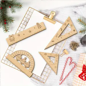 4 piece set of Christmas themed wooden ruler set, ruler, exam drawing, four piece set of study supplies, stationery, learning tools, drawing tools, suitable as a Christmas gift