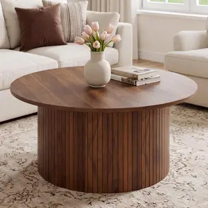 31.5 Inch Round Fluted Coffee Table, Mid-Century Modern Drum Shape Accent Table with Reinforced Metal Frame, Stylish Louvered Side Table for Living Room Office Home