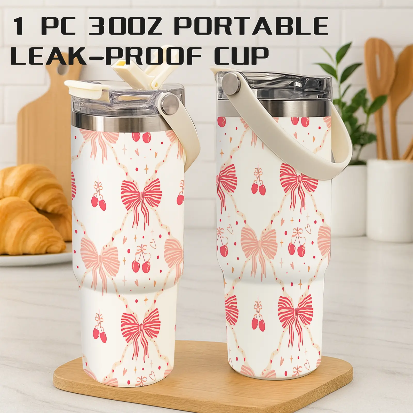 1 Pc 30 Oz Pink Bow Cherry Vacuum Tumbler with Handle, 2-in-1 Flip Lid, Leak-Proof, Double-Wall Insulated, Easy Carrying, Cute and Fun Style, Keeps Hot 12H/ Cold 24H, Gift for Women, Friends, Teachers, Use At Office, Home or Car, Leakproof Travel Tumbler