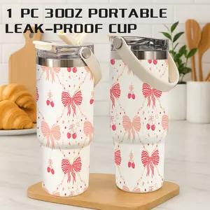 1 Pc 30 Oz Pink Bow Cherry Vacuum Tumbler with Handle, 2-in-1 Flip Lid, Leak-Proof, Double-Wall Insulated, Easy Carrying, Cute and Fun Style, Keeps Hot 12H/ Cold 24H, Gift for Women, Friends, Teachers, Use At Office, Home or Car.