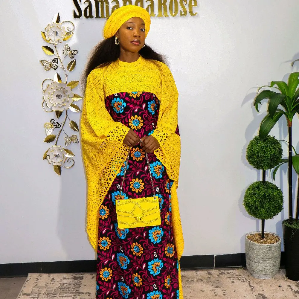 Handmade Yellow Lace Ankara Boubou Gown – Vibrant Floral Kaftan Maxi Dress