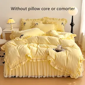 Soft Bedding Sets, 4-Piece Polyester Luxury Bedding Set with Lace Trim Duvet Cover (Zip Closure), Fitted Sheet, Pillowcases, Bed Skirt, Hypoallergenic All-Season Bedding for Bedroom & Guest Room