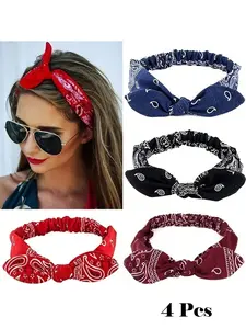 4pcs Paisley Pattern Printed Headband, Vintage Bow Knot Elastic Hairband, Women's Headwrap With Paisley Flower And Rabbit Ears For Festival Decoration, Mouse Ears Turban Headband Sweatband, School Stuff, College, Headbands Fall Winter Hair Band