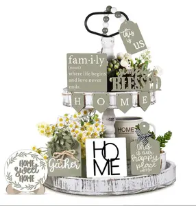11 Pieces Farmhouse Tiered Tray Decor Wood Sign Rustic Home Sweet Home Simply Blessed This is Us Wooden Beads Tray Decorations Set for Home Kitchen Table Shelf Hanging Decorative