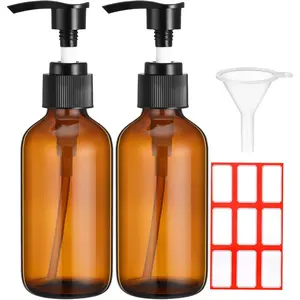 Fumete 2 Pack Glass Bottles 4oz Empty Refillable Liquid Containers with 1 Label 1 Funnel for Essential Oils Hair Travel Plants Cleaning Skin Care(Amber, Black Top,Pump Bottle)